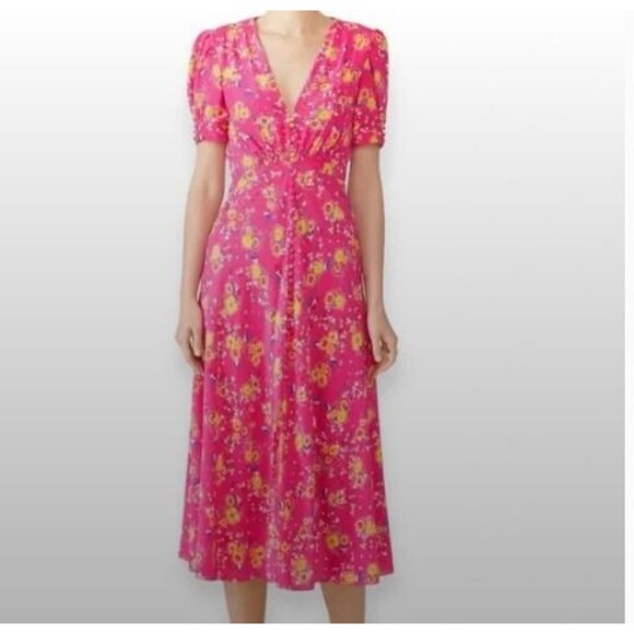 Saloni 'Lea' Floral Button-Front Midi Dress Pink Silk Women's US 0 XS - Picture 1 of 5